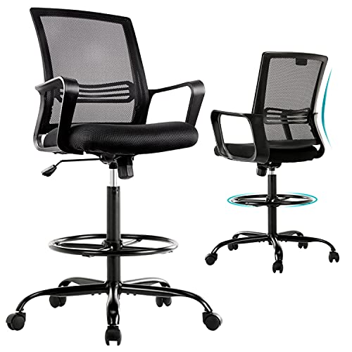 0850033103274 - DRAFTING CHAIR STANDING DESK CHAIR - TALL ADJUSTABLE OFFICE CHAIR WITH ARMREST OFFICE STOOL COUNTER HEIGHT MESH CHAIR WITH FOOT RING - BLACK