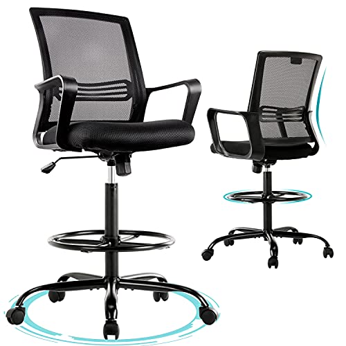 0850035022610 - DRAFTING CHAIR STANDING DESK CHAIR - TALL OFFICE CHAIR WITH ARMREST OFFICE STOOL COUNTER HEIGHT MESH CHAIR WITH ADJUSTABLE FOOT RING (BLACK)