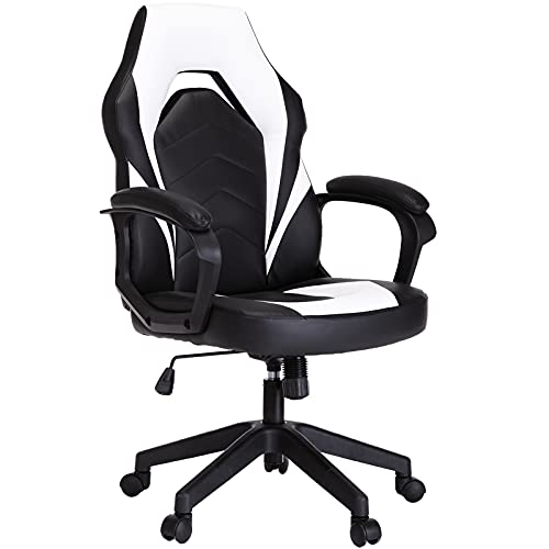 0850035022887 - OFFICE CHAIR, ERGONOMIC GAMING CHAIR COMFORTABLE DESK CHAIR COMPUTER CHAIR PU LEATHER EXECUTIVE SWIVEL CHAIR WITH PADDED ARMRESTS AND LUMBAR SUPPORT FOR OFFICE, GAMING AND HOME, BLACK/WHITE