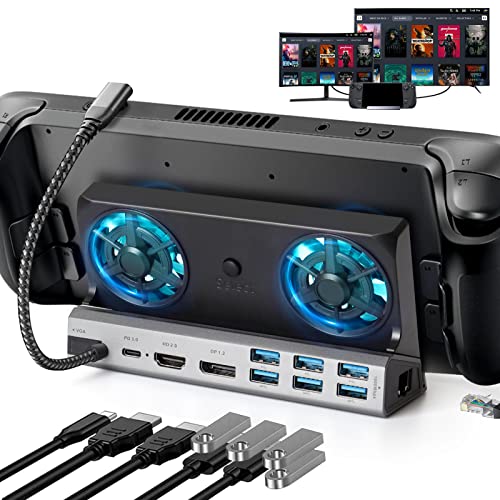0850035427835 - STEAM DECK DOCK WITH DUAL COOLING FANS, 11-IN-1 STEAM DECK DOCKING STATION WITH DP1.2 AND HDMI 2.0 4K@60HZ, VGA, 6 USB PORTS, GIGABIT ETHERNET, USB-C PD3.0 CHARGING PORT, MADE FOR VALVE STEAM DECK