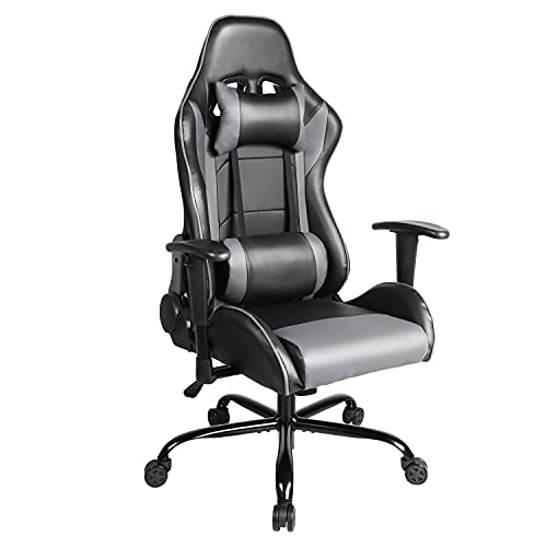 0850036662945 - GAMING CHAIR, HIGH BACK COMPUTER CHAIR, ERGONOMIC OFFICE CHAIR, LEATHER RACING CHAIR, EXECUTIVE SWIVEL RECLINER DESK CHAIR WITH REMOVABLE HEADREST AND LUMBAR PILLOW, ADJUSTABLE ARMRESTS, BLACK/GREY
