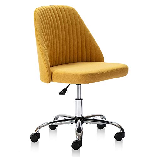 0850036664284 - HOME OFFICE DESK CHAIR, MODERN LINEN FABRIC CHAIR ADJUSTABLE SWIVEL TASK CHAIR MID-BACK CUTE UPHOLSTERED ARMLESS COMPUTER CHAIR WITH WHEELS FOR BEDROOM STUDYING ROOM VANITY ROOM (YELLOW)