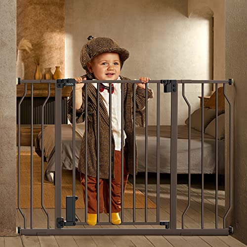 0850038702472 - CIAYS BABY GATE 29.5” TO 45.3”, 30-IN HEIGHT EXTRA WIDE DOG GATE FOR STAIRS, DOORWAYS AND HOUSE, AUTO-CLOSE SAFETY METAL PET GATE FOR DOGS WITH ALARM, PRESSURE MOUNTED, BROWN