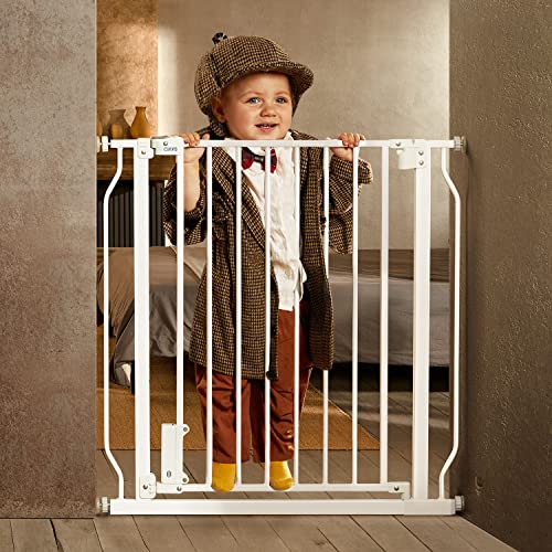 0850038702656 - CIAYS BABY GATE 29.5” TO 33.5”, 30-IN HEIGHT EXTRA WIDE DOG GATE FOR STAIRS, DOORWAYS AND HOUSE, AUTO-CLOSE SAFETY METAL PET GATE FOR DOGS WITH ALARM, PRESSURE MOUNTED, WHITE