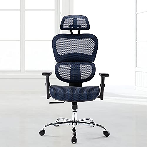 0850038788988 - ERGONOMIC CHAIR, HIGH BACK EXECUTIVE STYLE, MODERN OFFICE CHAIR WITH LUMBAR SUPPORT, BREATHABLE MESH COVERING, FULLY ADJUSTABLE ARMRESTS, HEIGHT AND HEADREST, BLUE