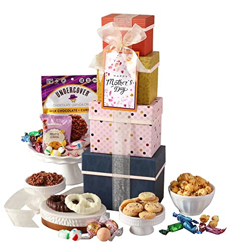 0850040894073 - BROADWAY BASKETEERS MOTHERS DAY GIFT TOWER OF SNACKS AND GOURMET FOOD, GIFT BASKET OF TREATS, POPCORN, CHOCOLATE COVERED PRETZELS, CANDY GIFT BOX, GIFTS FOR MOM, MOTHER, GRANDMA, WIFE, DAUGHTER