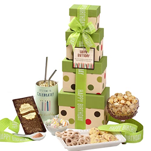 0850040894479 - BIRTHDAY GIFT BASKET TOWER WITH LARGE 16OZ. INSULATED GIFT MUG. SHARE THE FUN WITH HAPPY BIRTHDAY GIFT TOWER FILLED WITH CHOCOLATES, SWEETS, AND TRUFFLE COCOA. PERFECT FOR MOM, DAD, & FRIENDS