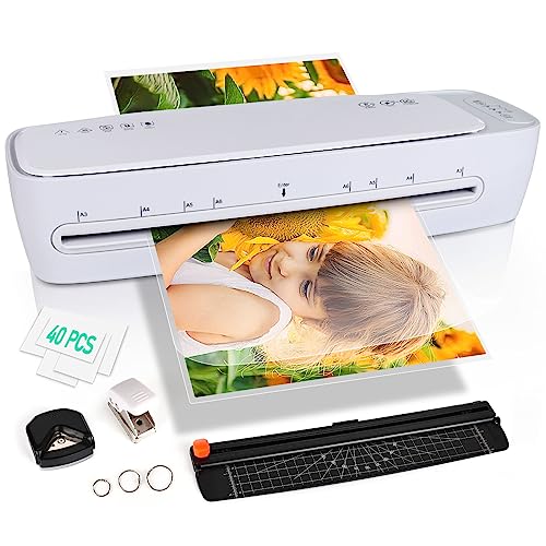 0850052859084 - LAMINATOR 13 INCH A3 LAMINATOR MACHINE, 9 IN 1 DESKTOP THERMAL LAMINATOR NEVER JAM 40 LAMINATING POUCHES, PAPER TRIMMER AND CORNER ROUNDER, 1MIN FAST WARM-UP HOME OFFICE SCHOOL USE, PURE WHITE