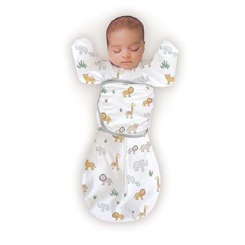 0850053806438 - AMAZING BABY 6-WAY OMNI SWADDLE SACK FOR NEWBORN WITH WRAP & ARMS UP SLEEVES & MITTEN CUFFS, EASY SWADDLE TRANSITION, BETTER SLEEP FOR BABY BOYS & GIRLS, ON SAFARI, SMALL, 0-3 MONTHS