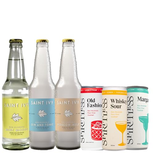0850058552682 - PREMIUM NON-ALCOHOLIC VIRGIN COCKTAIL VARIETY PACK - 6-PACK SAINT IVY GIN AND TONIC, MOSCOW MULE, MOJITO AND SPIRITLESS MARGARITA, OLD FASHIONED, WHISKEY SOUR