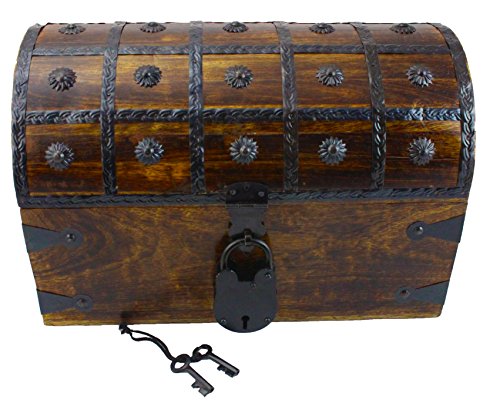 0850302007487 - WELLPACKBOX WOODEN PIRATE TREASURE CHEST BOX WITH ANTIQUE STYLE LOCK AND SKELETON KEY (LARGE)