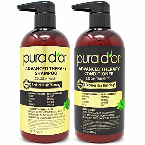 0851615006440 - PURA DOR ANTI-THINNING ADVANCED THERAPY BIOTIN SHAMPOO & CONDITIONER HAIR CARE SET, CLINICALLY PROVEN, DHT BLOCKER HAIR THICKENING PRODUCTS FOR WOMEN & MEN, NATURAL DAILY ROUTINE SHAMPOO, 16OZ X 2