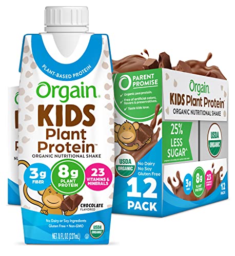 0851770003513 - ORGAIN KIDS PLANT BASED PROTEIN NUTRITIONAL SHAKES - CHOCOLATE, CONTAINS FIBER AND 23 VITAMINS AND MINERALS, NO GLUTEN OR SOY, NON-GMO, 8 OZ, 12 PACK