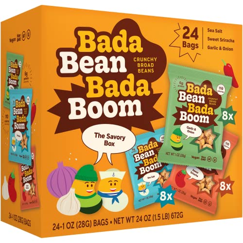 0852109004676 - BADA BEAN BADA BOOM PLANT-BASED PROTEIN, GLUTEN FREE, VEGAN, NON-GMO, SOY FREE, KOSHER, ROASTED BROAD FAVA BEAN SNACKS, 100 CALORIES PER BAG, THE SAVORY BOX VARIETY PACK, 1 OUNCE (24 COUNT)