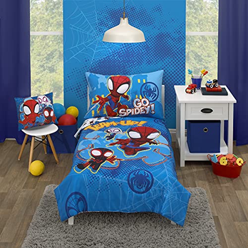 0085214132495 - MARVEL SPIDEY AND HIS AMAZING FRIENDS SPIDEY TEAM RED, WHITE, AND BLUE 4 PIECE TODDLER BED SET - COMFORTER, FITTED BOTTOM SHEET, FLAT TOP SHEET, AND REVERSIBLE PILLOWCASE
