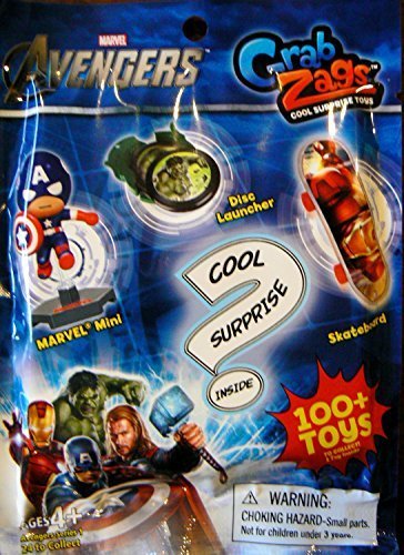 0852158001114 - MARVEL AVENGERS GRAB ZAGS RANDOM PACK. EACH PACK CONTAINS SURPRISE TOY. IT WILL BE EITHER A SKATEBOARD, DISC LAUNCHER, OR MINI FIGURE.