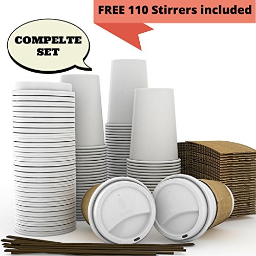 0852219007000 - JUMBO SET OF 110 - PAPER COFFEE HOT CUPS, TRAVEL LIDS, SLEEVES & STIRRERS -12OZ / 360ML - WHITE PAPER CUPS - TO GO COFFEE CUPS, DISPOSABLE TRAVEL MUG & COVER HOT/COLD COFFEE, TEA & CHOCOLATE, HOT COCO