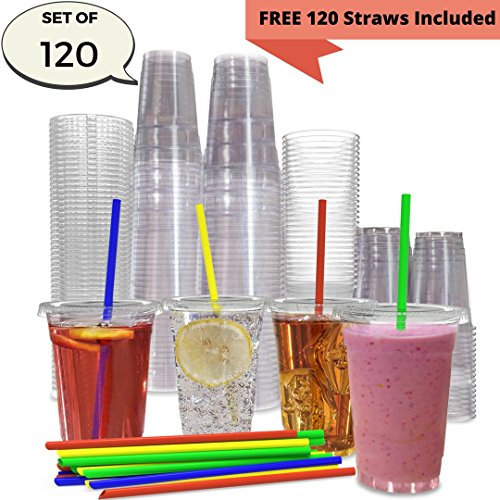 0852219007024 - JUMBO SET OF 120 16OZ PLASTIC CRYSTAL CLEAR CUPS, 120 FLAT LIDS AND 120 STRAWS - 100% BPA FREE - OFFICE/PARTY PACK DISPOSABLE CUPS SET FOR ICED COFFEE, BUBBLE BOBA, SMOOTHIE, TEA, COLD DRINKS ETC