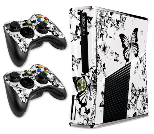 0852279004629 - DESIGNER SKIN FOR XBOX 360 SLIM SYSTEM & REMOTE CONTROLLERS -BLOSSOMS & BUTTERFLYS- WHITE