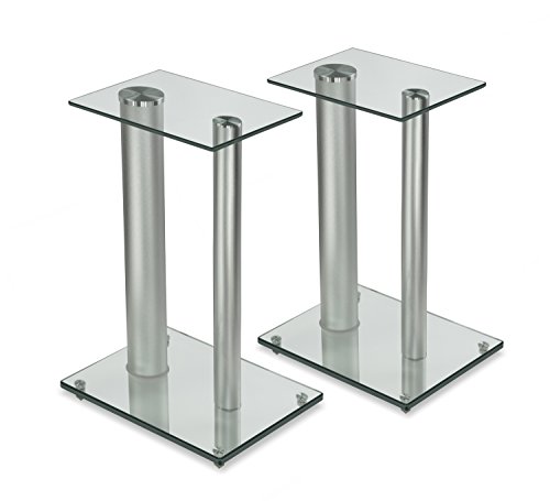 0852669499660 - MOUNT-IT! 2 SATELLITE SPEAKER STANDS FOR SURROUND SOUND HOME THEATERS, GLASS AND ALUMINUM, CLEAR AND SILVER (MI-28S)