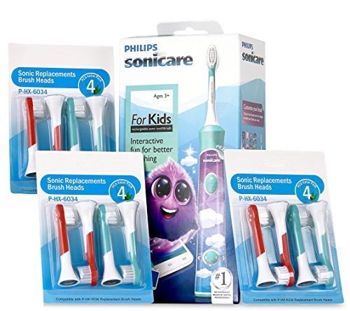 0852805007018 - PHILIPS SONICARE FOR KIDS RECHARGEABLE ELECTRIC TOOTHBRUSH HX6321/02 BUNDLE WITH GENERIC KIDS REPLACEMENT TOOTHBRUSH HEADS HX6034 PACK OF 3 COMPATIBLE WITH ALL KIDS SONICARE MODELS - 4 ITEMS