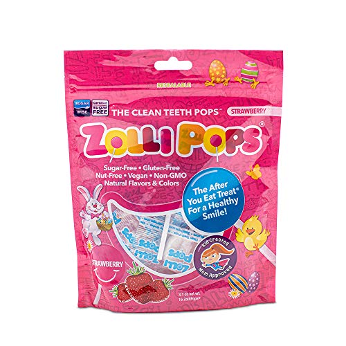 0853231003964 - ZOLLIPOPS - EASTER STRAWBERRY PACK - CLEAN TEETH LOLLIPOPS | ANTI-CAVITY, SUGAR FREE CANDY WITH XYLITOL FOR HEALTHY, CLEAN TEETH - GREAT FOR KIDS, DIABETICS & KETO DIET (3.1 OZ BAG), 3.1 OZ
