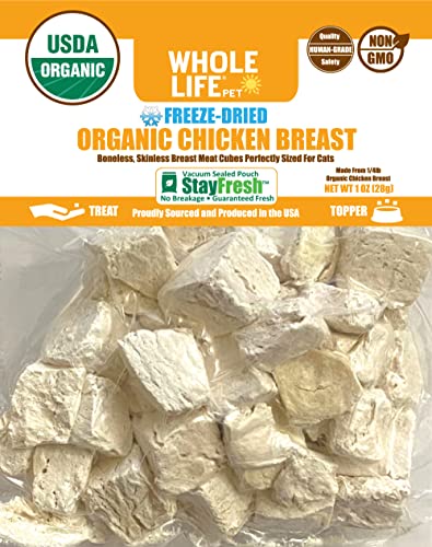 0853521008532 - WHOLE LIFE PET PRODUCTS HEALTHY CAT TREATS, HUMAN-GRADE ORGANIC CHICKEN BREAST, PROTEIN RICH FOR TRAINING, PICKY EATERS, DIGESTION, WEIGHT CONTROL, MADE IN THE USA, 1 OUNCE