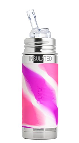 0853766006799 - PURA KIKI 9 OZ / 260 ML STAINLESS STEEL INSULATED BOTTLE WITH SILICONE STRAW & SLEEVE, PINK SWIRL (PLASTIC FREE, NONTOXIC CERTIFIED, BPA FREE)