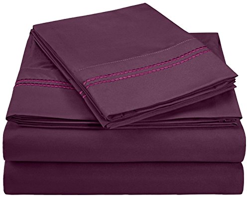 0855031136514 - SUPERIOR 2-LINE BUBBLE EMBROIDERED SHEETS, LUXURIOUS SILKY SOFT, LIGHT WEIGHT, WRINKLE RESISTANT BRUSHED MICROFIBER, TWIN SIZE 3-PIECE SHEET SET, PLUM