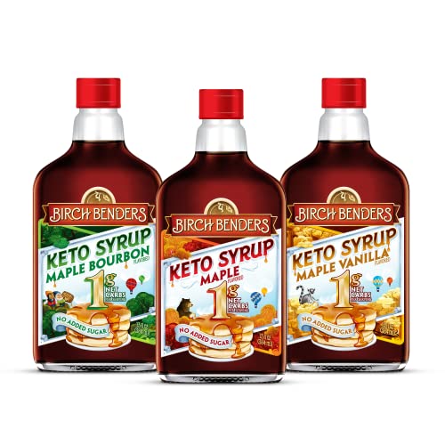 0856017003004 - KETO CARB-FRIENDLY SYRUP VARIETY PACK BY BIRCH BENDERS - CLASSIC MAPLE, MAPLE VANILLA, MAPLE BOURBON, KETO, PALEO, NO ADDED SUGAR, MONK FRUIT SWEETENED SYRUP (13 FL OZ - PACK OF 3)