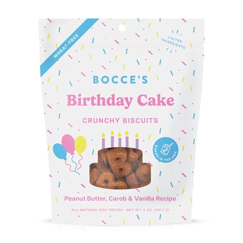 0856019005853 - BOCCES BAKERY BIRTHDAY CAKE TREATS FOR DOGS - SPECIAL EDITION WHEAT-FREE DOG TREATS, MADE WITH REAL INGREDIENTS, BAKED IN THE USA, ALL-NATURAL PEANUT BUTTER VANILLA BISCUITS, 5 OZ