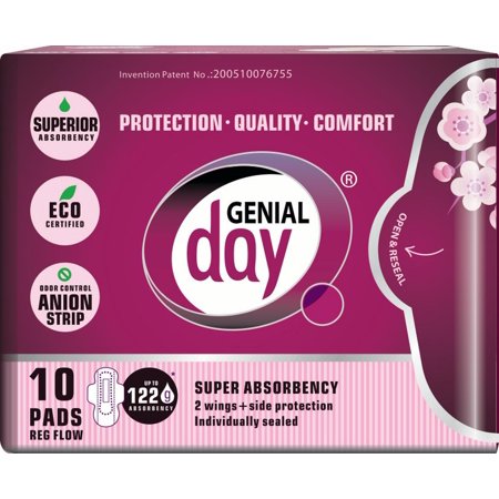 0856940006011 - ECO-CERTIFIED SUPER ABSORBENT REGULAR FLOW WITH ANION STRIP GENIAL DAY 10 PADS BOX