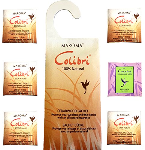 8585050102017 - COLIBRI ALL NATURAL MOTH REPELLENT / CLOTHING PROTECTION WITH PURE CEDAR OIL, COMBO PACK: HANGING SACHET FOR CLOSET, CLOAKROOM & 5 SACHETS FOR DRAWERS, CUPBOARDS + FREE GIFT COLIBRI SACHET CC
