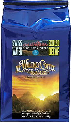 0858645004354 - MT. WHITNEY COFFEE ROASTERS: 5 LB, SWISS WATER PROCESS, DECAF COLUMBIA SUPREMO , MEDIUM ROAST, GROUND ARABICA COFFEE, NITROGEN PACKED FOR FRESHNESS