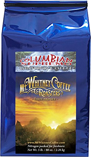 0858645004385 - MT. WHITNEY COFFEE ROASTERS: 5 LB, SHADE GROWN COLUMBIA SUPREMO , MEDIUM ROAST, GROUND ARABICA COFFEE, PACKED IN NITROGEN FOR FRESSNESS