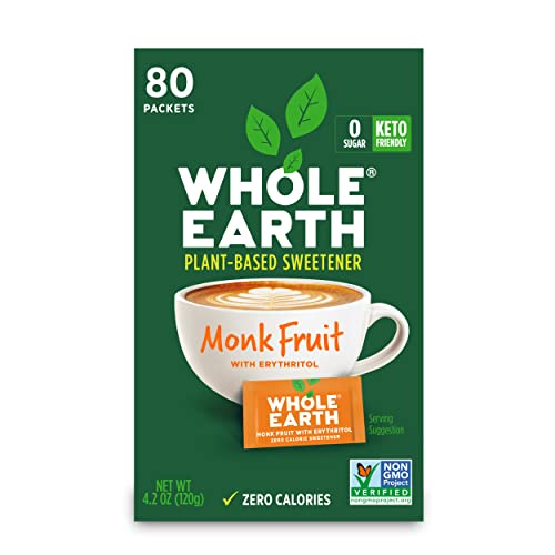 0858982001962 - WHOLE EARTH STEVIA & MONK FRUIT ZERO CALORIE SWEETENER WITH ERYTHRITOL, PLANT-BASED SUGAR SUBSTITUTE, 80 PACKETS