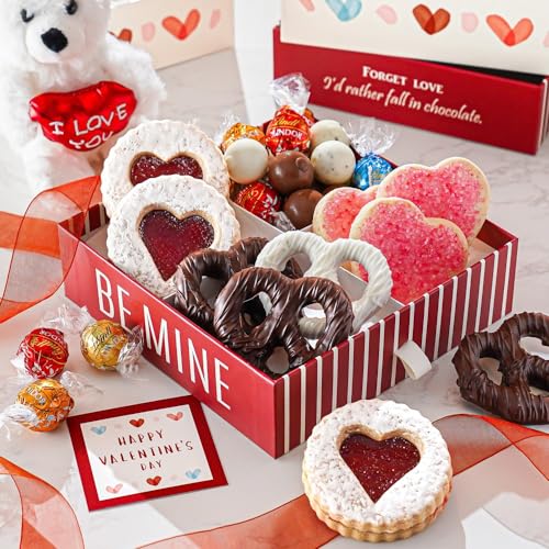 0860011358985 - VALENTINES DAY CHOCOLATE AND COOKIES GIFT BOX FOR HER, HIM, KIDS WITH I LOVE YOU TEDDY BEAR & HEART LINZER COOKIES BY BROADWAY BASKETEERS