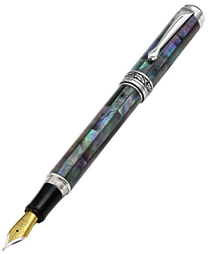 0864892000230 - XEZO MAESTRO IRIDESCENT NATURAL BLACK MOTHER OF PEARL PLATINUM PLATED FINE FOUNTAIN PEN. NO TWO PENS ALIKE