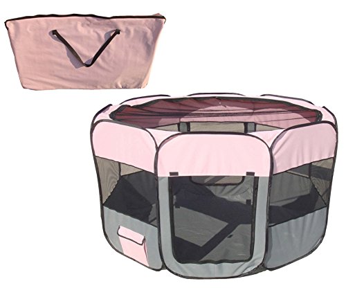 8656123351271 - ALL-TERRAIN' LIGHTWEIGHT EASY FOLDING WIRE-FRAMED COLLAPSIBLE TRAVEL PET PLAYPEN, LARGE, PINK AND GREY