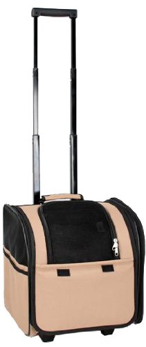 8656123859227 - PET LIFE AIRLINE APPROVED WHEELED TRAVEL PET CARRIER WITH SIDE POUCH AND LEASH HOLDER, BROWN