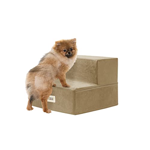 0086569719232 - FRIENDS FOREVER MILO FOLDING DOG STAIRS FOR INDOOR, PREMIUM FOAM PET STEPS, SAFE, COMFORTABLE, HELPFUL FOR SMALLER AND OLDER PETS, MACHINE WASHABLE REMOVABLE COVER, 2-STEPS 16IN X 16IN X 12IN, KHAKI