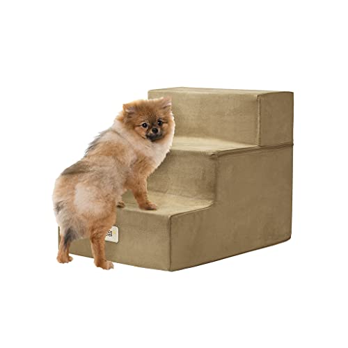 0086569719348 - FRIENDS FOREVER MILO FOLDING DOG STAIRS FOR INDOOR, PREMIUM FOAM PET STEPS, SAFE, COMFORTABLE, HELPFUL FOR SMALLER AND OLDER PETS, MACHINE WASHABLE REMOVABLE COVER, 3-STEPS 16IN X 21IN X 16.5IN, KHAKI