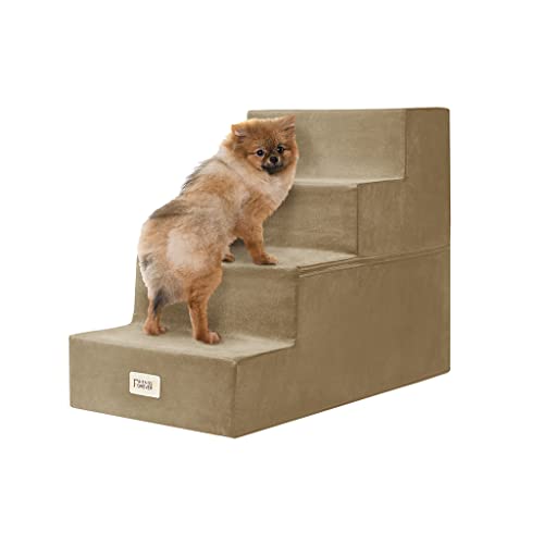 0086569719386 - FRIENDS FOREVER MILO FOLDING DOG STAIRS FOR INDOOR, PREMIUM FOAM PET STEPS, SAFE, COMFORTABLE, HELPFUL FOR SMALLER AND OLDER PETS, MACHINE WASHABLE REMOVABLE COVER, 4-STEPS 16IN X 28IN X 22IN, KHAKI