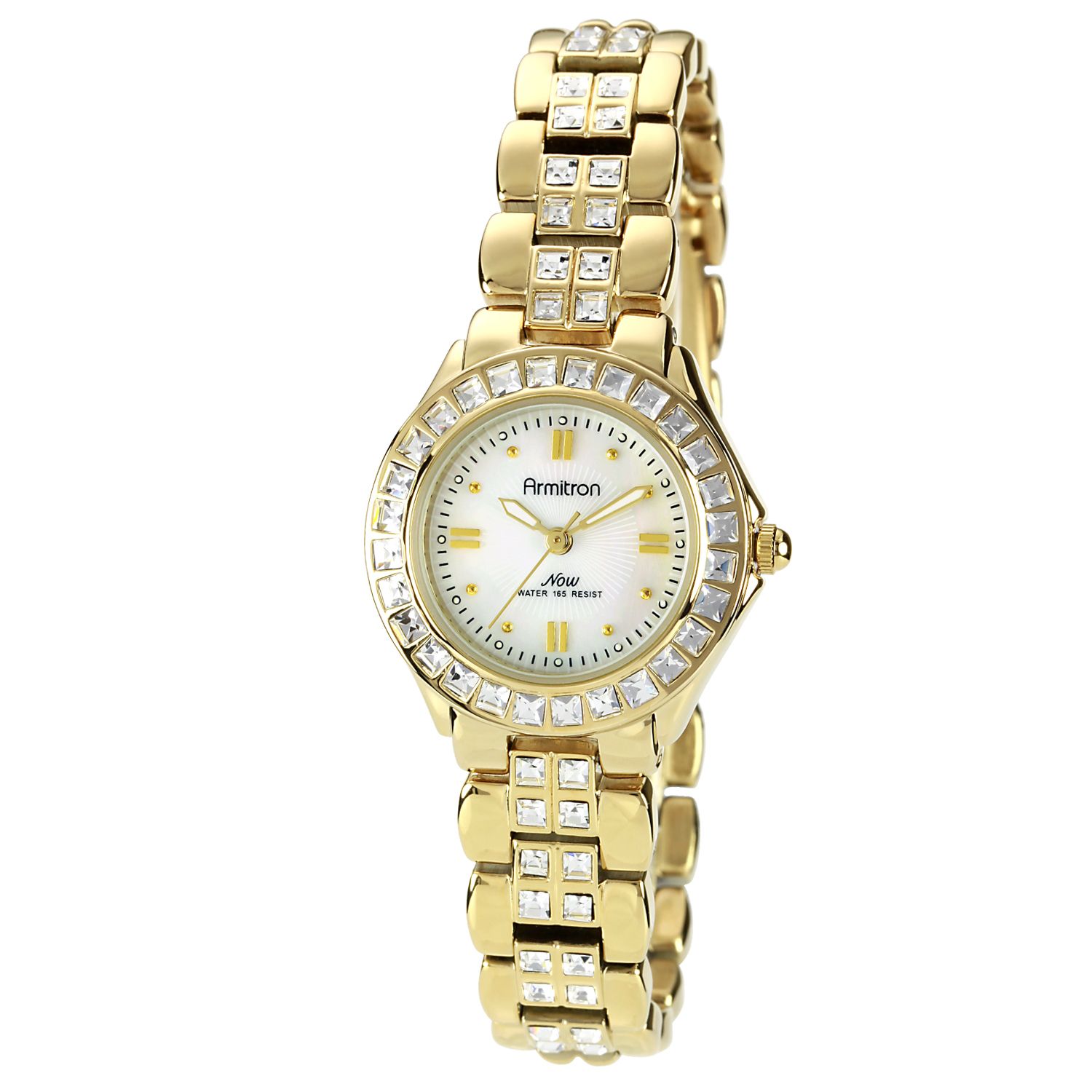 0086702442577 - LADIES' SWAROVSKI CRYSTAL ACCENT WATCH W/ROUND GOLD-TONE CASE MOTHER-OF-PEARL DIAL AND GT BRACELET BAND