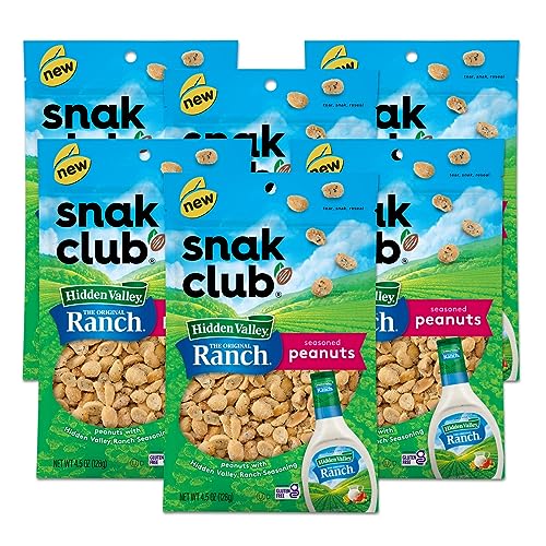 0087076297046 - SNAK CLUB ROASTED PEANUTS WITH HIDDEN VALLEY RANCH SEASONING, SAVORY PEANUT SNACKS, CERTIFIED GLUTEN FREE, 4.5 OZ RESEALABLE BAG (PACK OF 6)
