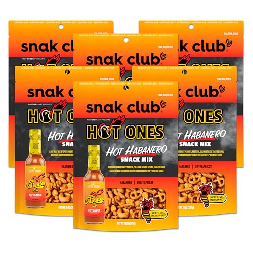 0087076619145 - SNAK CLUB X HOT ONES HOT HABENERO SNACK MIX, SPICY SNACKS WITH PEANUTS, PRETZELS, SESAME STICKS, TOASTED CORN & CASHEWS, INSPIRED BY HOT ONES HOT SAUCE, 10 OZ RESEALABLE BAG (6 COUNT)