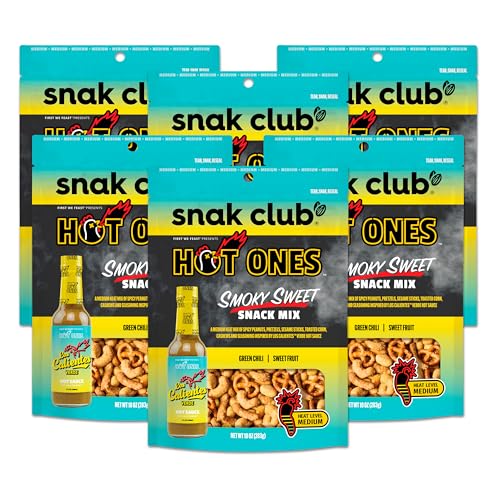 0087076619152 - SNAK CLUB X HOT ONES SMOKY SWEET SNACK MIX, SPICY SNACK WITH PEANUTS, PRETZELS, SESAME STICKS, TOASTED CORN & CASHEWS, INSPIRED BY HOT ONES HOT SAUCE, 10 OZ RESEALABLE BAG (6 COUNT)