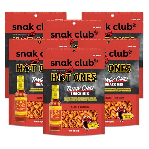0087076619169 - SNAK CLUB X HOT ONES TANGY CHILI SNACK MIX, MILD SPICY SNACKS WITH PEANUTS, PRETZELS, SESAME STICKS, TOASTED CORN & CASHEWS, INSPIRED BY HOT ONES HOT SAUCE, 10 OZ RESEALABLE BAG (6 COUNT)