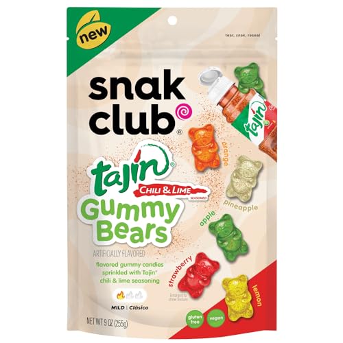 0087076649067 - SNAK CLUB GUMMY BEARS, TAJIN CHILI & LIME SWEET AND SPICY GUMMY CANDY, MILD IN HEAT BOLD IN FLAVOR, LOW-FAT, VEGAN, GLUTEN-FREE SNACK, 9 OZ LARGE RESEALABLE BAG