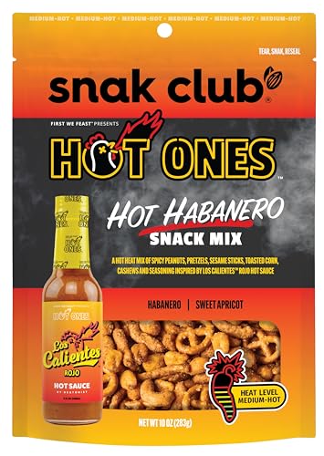 0087076649142 - SNAK CLUB X HOT ONES HOT HABENERO SNACK MIX, SPICY SNACKS WITH PEANUTS, PRETZELS, SESAME STICKS, TOASTED CORN & CASHEWS, INSPIRED BY HOT ONES HOT SAUCE, 10 OZ BAG